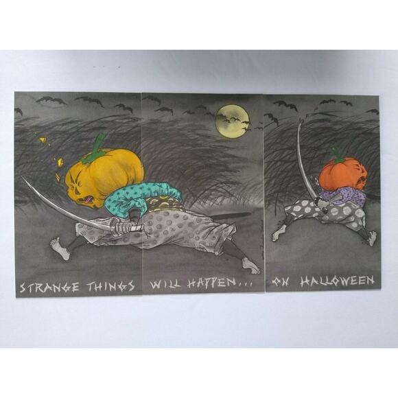 Halloween Postcard Set Of (3) Samurai Pumpkin Head Goblins Flying Rabbit 1993 - Picture 2 of 6